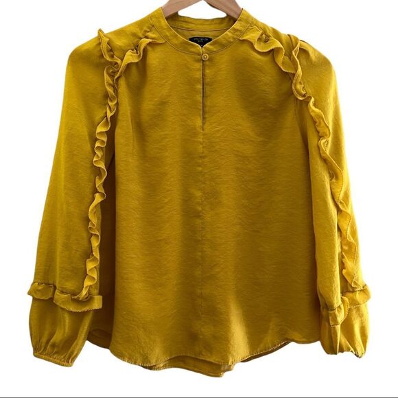 😊 3/$30 
Ann Taylor Sz SP long sleeve ruffled top mustard yellow/gold EUC - Picture 10 of 11